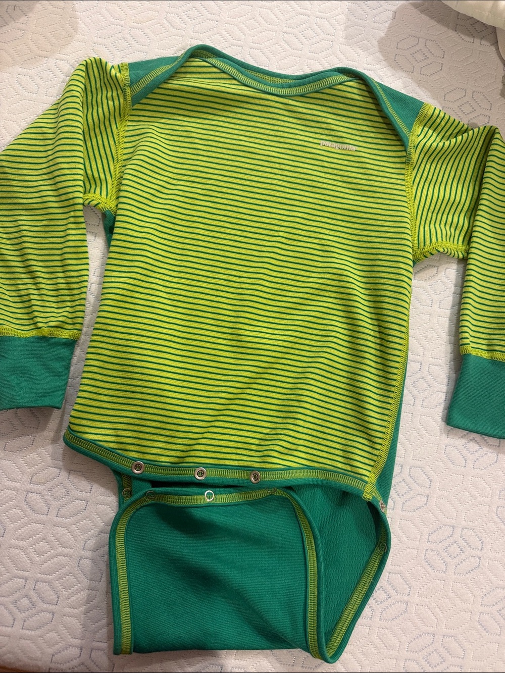 Patagonia Lime Green and Teal Striped Baby One-Piece Bodysuit
